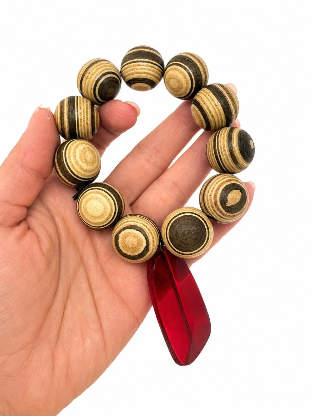 Vintage Wooden Bead Stretch Bracelet w/ Faceted Red Acrylic Dangle Charm‎
